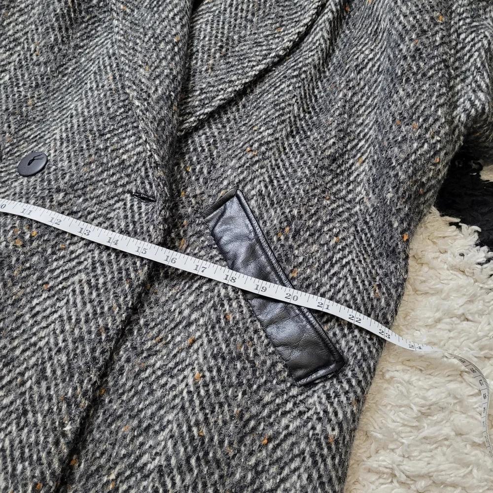 Vintage 80s wool leather tweed jacket coat oversized - Picture 13 of 16